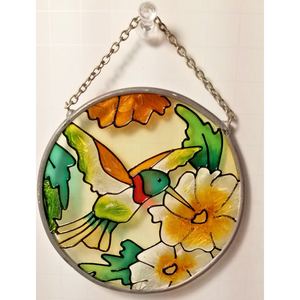 Stained Glass Window Hanging, Green Hummingbird Sun Catcher Symbol Hope Renewal